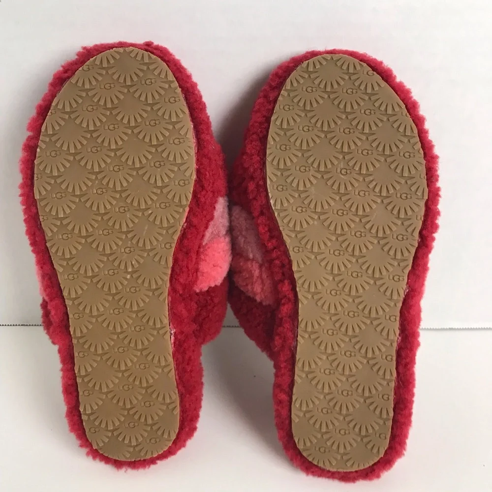 Ugg Fluff Yeah Red Pink Striped Slingback Slippers Girls Size 4 Loungewear Comfy